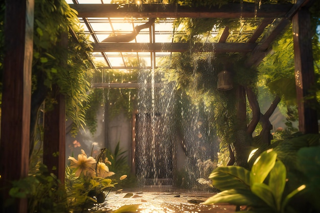 Uma casa na selva com uma cachoeira e plantas