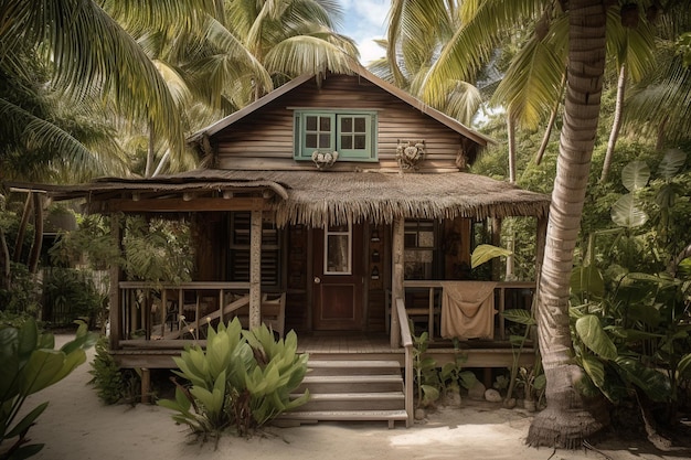 Uma casa na selva com uma janela verde na porta