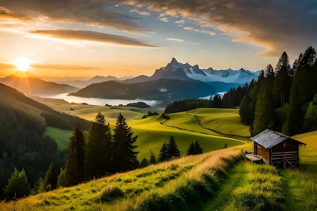 Uma casa nas montanhas ao pôr do sol