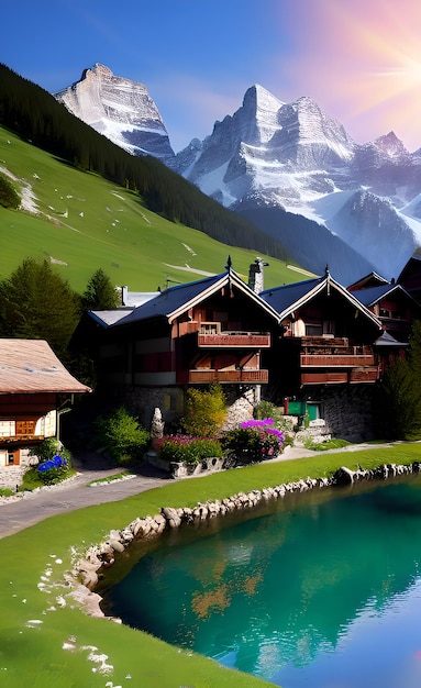 Uma casa nas montanhas com um lago em primeiro plano