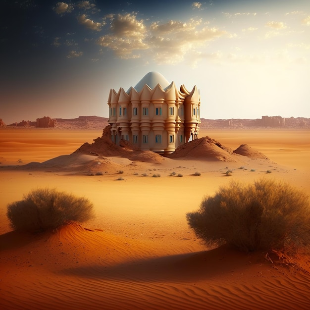 Uma casa no deserto com um fundo de céu