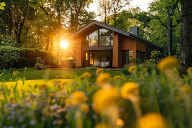 Uma casa no quintal ao nascer do sol, com o sol a levantar-se atrás dela, é um conceito de hygge.