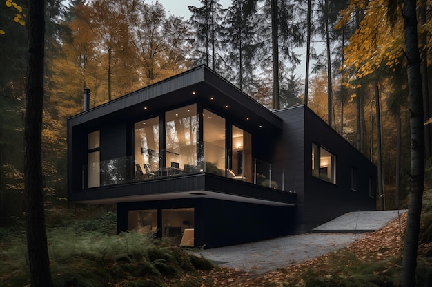 Uma casa preta na floresta com uma grande janela que diz 'casa preta'