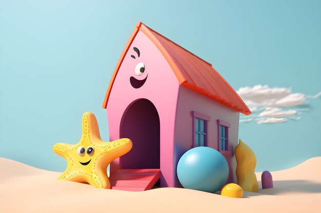 Foto uma casa rosa com telhado vermelho e uma estrela do mar na frente.