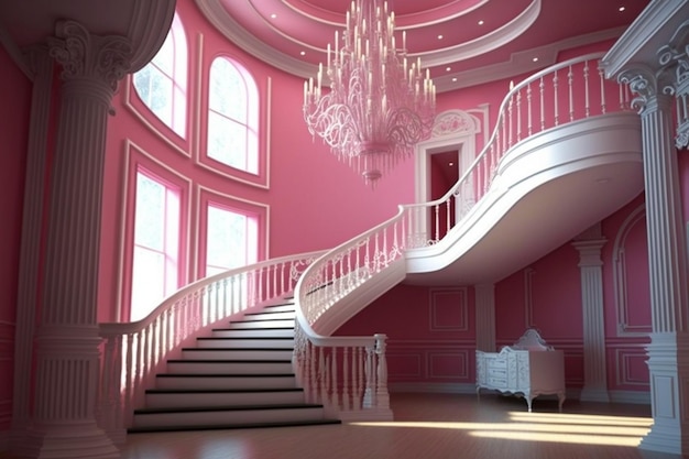 Uma casa rosa com um candelabro pendurado no teto