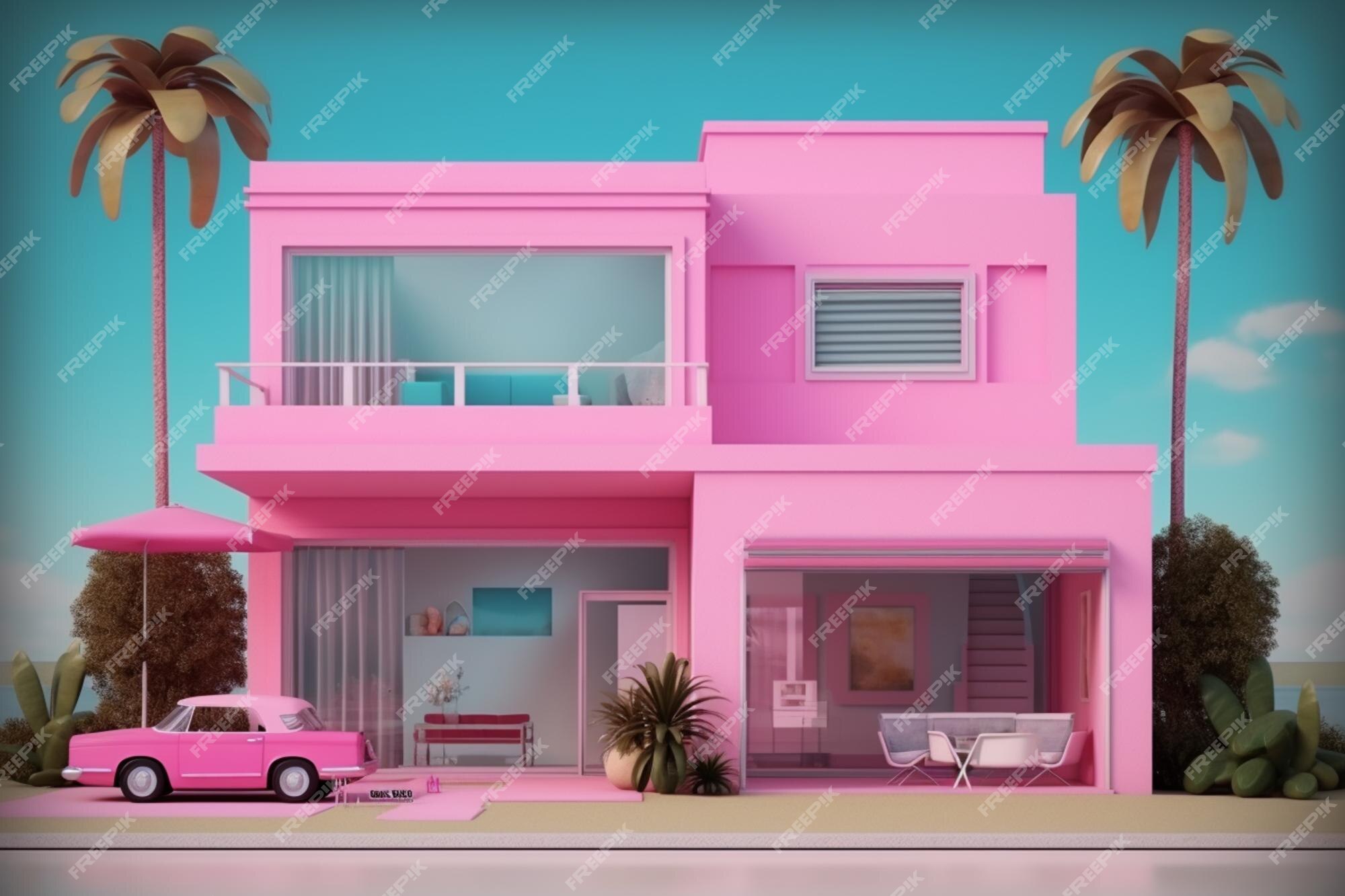 Uma casa rosa com um exterior rosa e uma porta rosa.