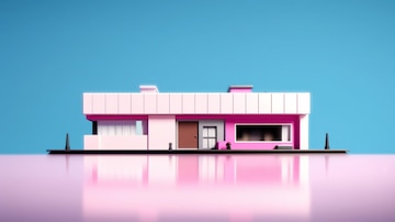 Uma casa rosa com um exterior rosa e uma porta rosa.