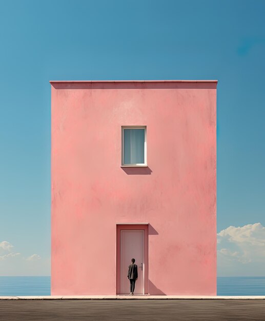 uma casa rosa com uma pessoa de pé na frente dela