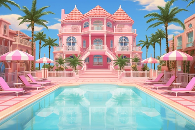 Uma casa rosa com uma piscina e palmeiras na frente