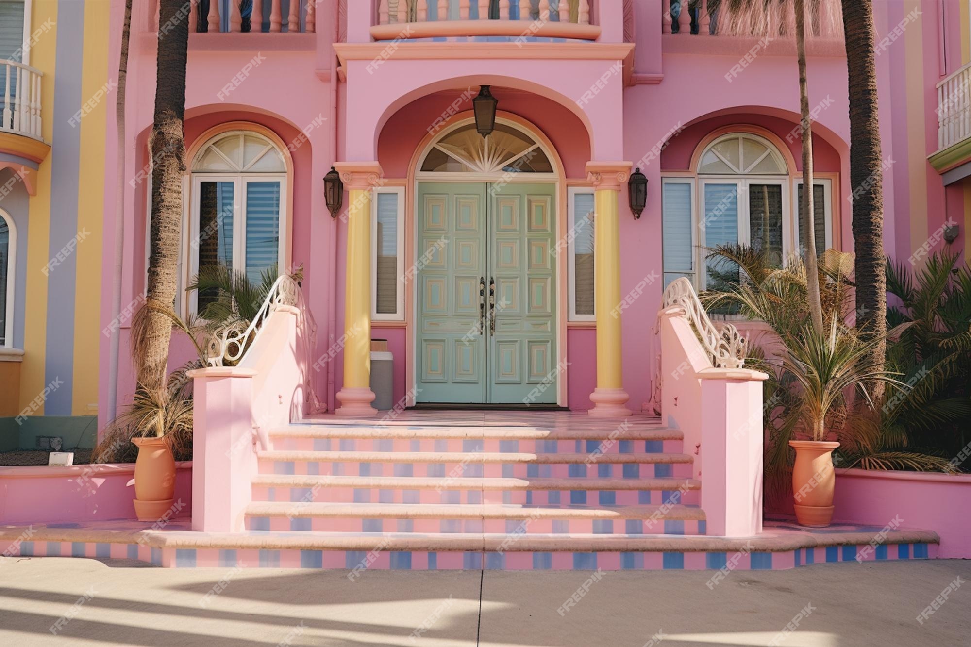 Uma casa rosa com um exterior rosa e uma porta rosa.