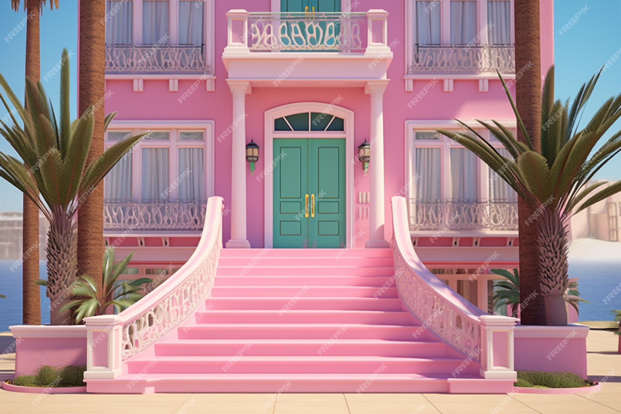 Uma casa rosa com um exterior rosa e uma porta rosa.