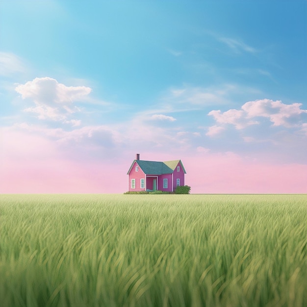 Uma casa rosa num campo de trigo com um céu azul ao fundo.