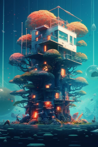 Uma casa subaquática debaixo de uma árvore