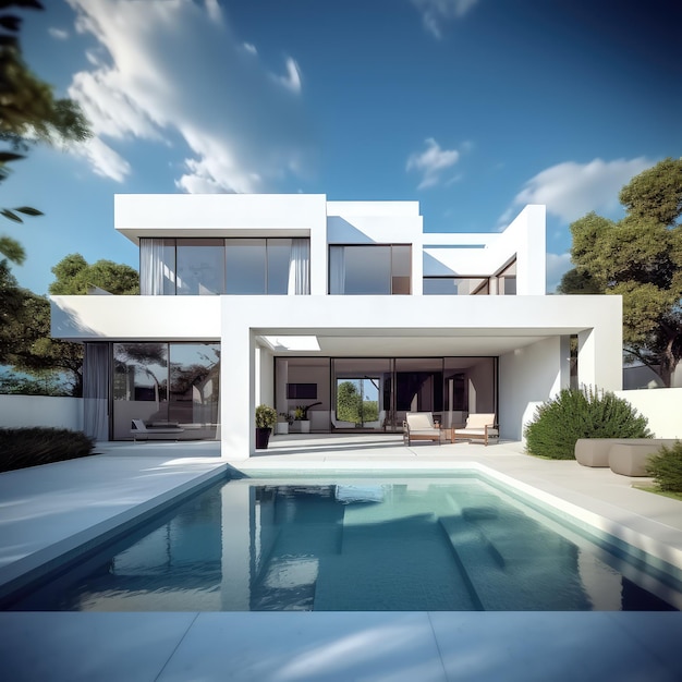 uma casa super luxuosa com tema branco e um projeto imobiliário com piscina