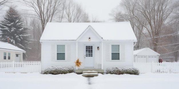 Foto uma casa super pequena de um andar capaz de caber em uma pequena cidade durante o inverno