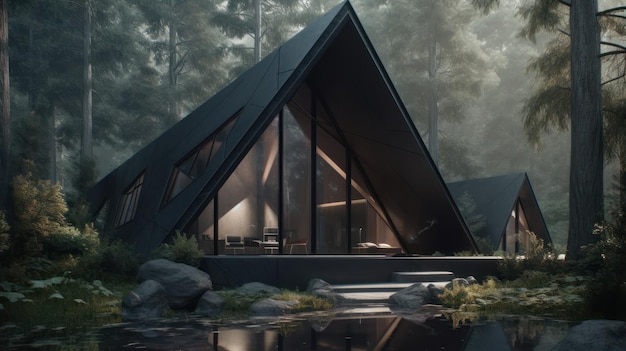 Uma casa triangular na floresta com um lago ao fundo.