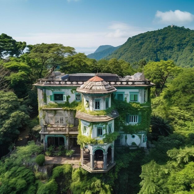 uma casa verde com um telhado vermelho senta-se em um penhasco acima de uma floresta