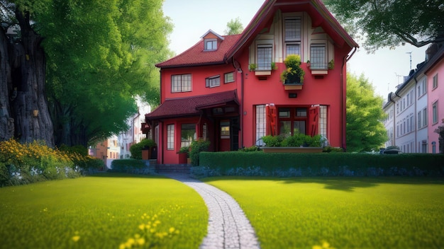 Uma casa vermelha com um gramado verde e uma calçada levando a ela.