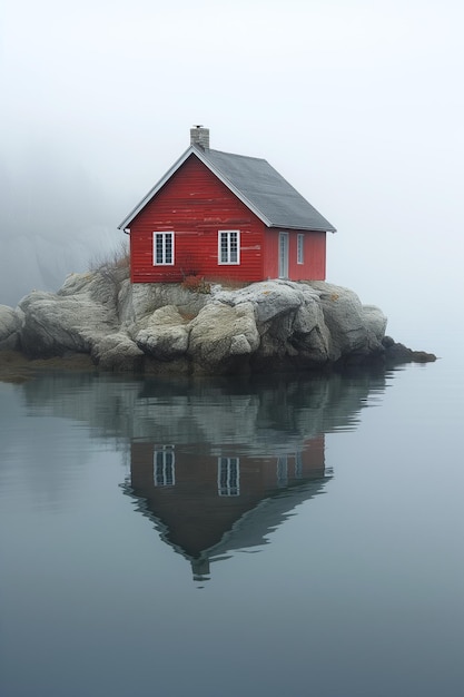 Uma casa vermelha refletida no lago com névoa atrás de paisagens minimalistas
