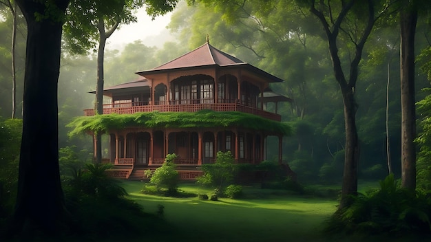 Uma casa zamindar cercada pela floresta Ai Generated