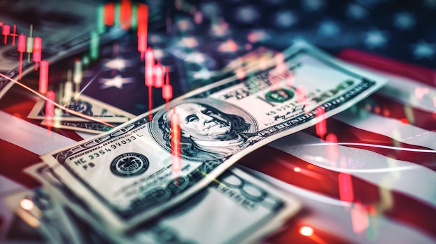 Foto uma cascata de dinheiro fluindo sobre a icônica bandeira americana simbolizando prosperidade e orgulho nacional
