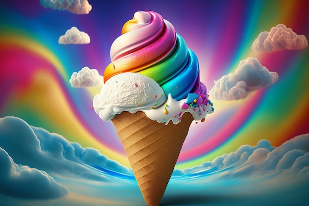 Uma casquinha de sorvete colorida com as cores do arco-íris no topo.