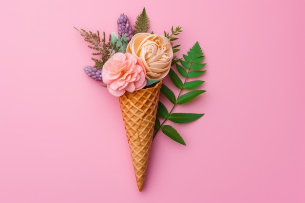 Uma casquinha de sorvete com flores em um fundo rosa