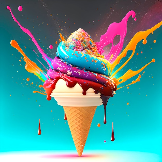 Uma casquinha de sorvete com um arco-íris colorido polvilha sobre ela.