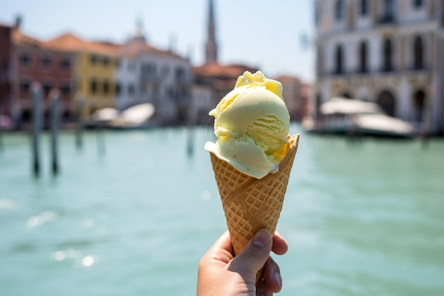 uma casquinha de sorvete contra o pano de fundo de Venice039 com gôndolas balançando nos românticos canais da cidade