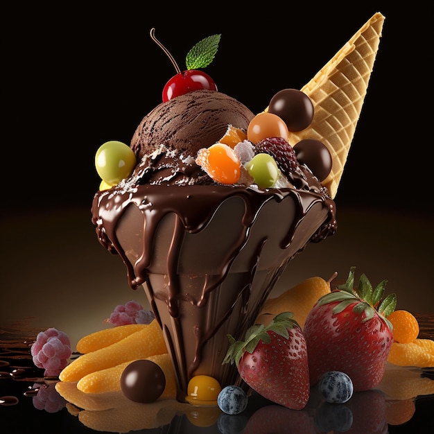 Uma casquinha de sorvete de chocolate com frutas