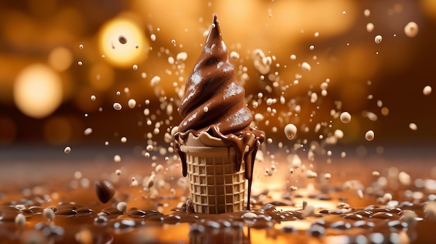 Uma casquinha de sorvete de chocolate é cercada por chocolate e nozes.