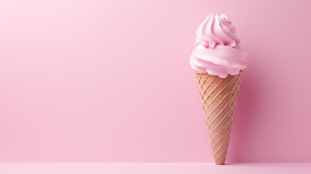 Uma casquinha de sorvete rosa com glacê rosa em um fundo rosa.