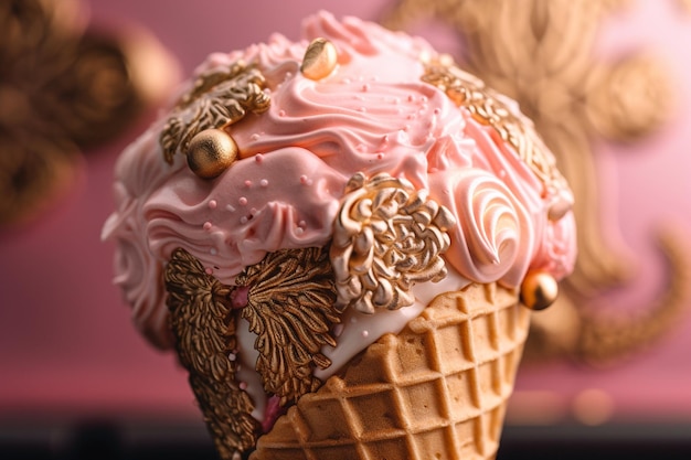 Uma casquinha de sorvete rosa com uma casquinha de sorvete rosa por cima.