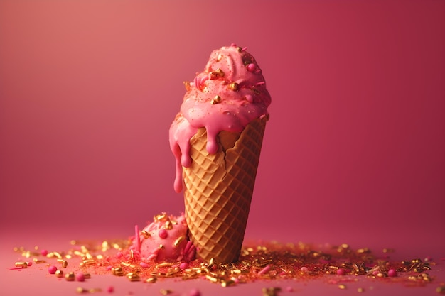 Uma casquinha de sorvete rosa com uma casquinha rosa que diz 'sorvete'