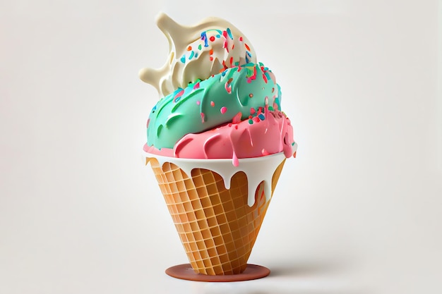 Uma casquinha de sorvete rosa e azul com confeitos.