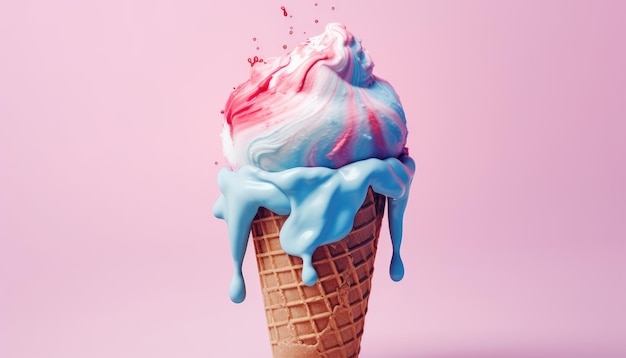Uma casquinha de sorvete vermelha e azul com uma casquinha de sorvete azul e vermelha na frente.