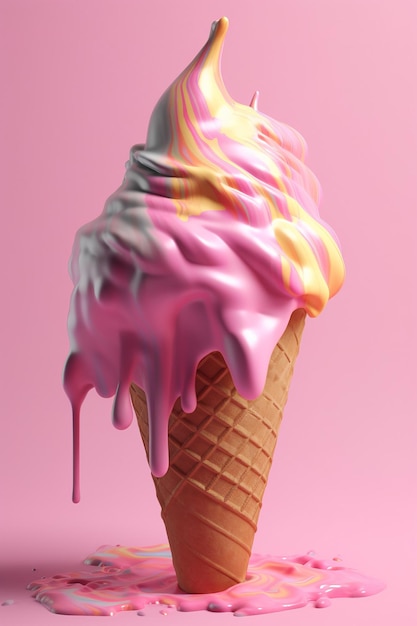 uma casquinha de waffle recheada com sorvete e gelada em rosa e amarelo