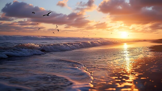Uma cativante fotografia de paisagem natural capturando a hora de ouro em uma praia serena