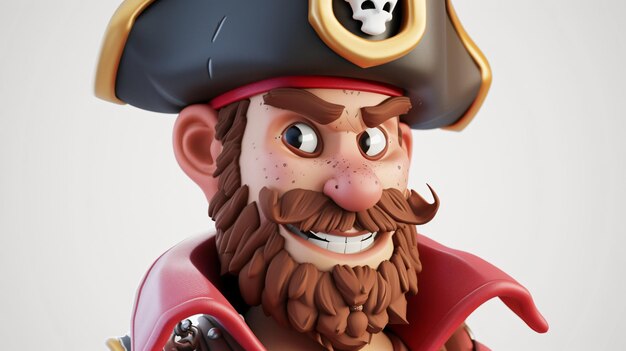 Uma cativante ilustração 3D de um pirata alegre adornado com um elegante tapa de olho e chapéu de pirata clássico Com um sorriso cativante este retrato em close-up mostra os piratas mischievou