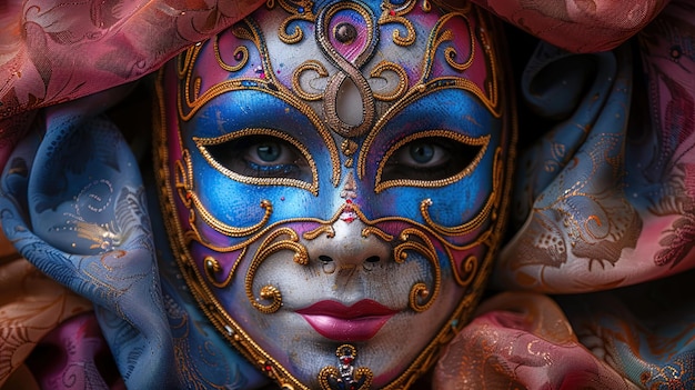 Uma cativante máscara de mascarada com redemoinhos ornamentados e cores ousadas perfeitas para adicionar um toque