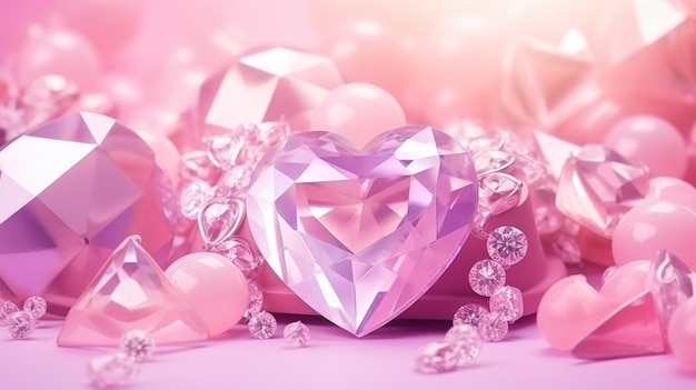 Uma cativante pedra preciosa em forma de coração brilha em meio a uma coleção de cristais e diamantes cor-de-rosa