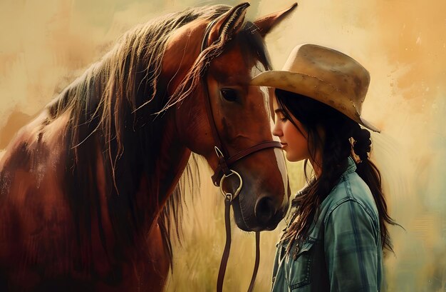 Uma cavaleira com um chapéu de cowboy ao lado de um cavalo