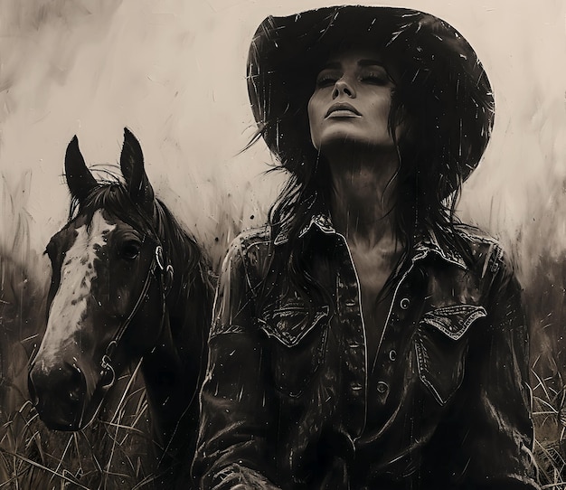 Foto uma cavaleira com um chapéu de cowboy senta-se ao lado de um cavalo em um campo gramado