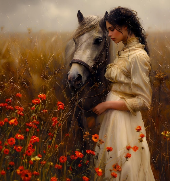 Foto uma cavaleira de vestido branco de pé ao lado de um cavalo em um campo de flores