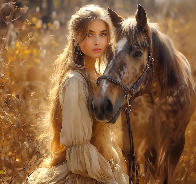 Uma cavaleira em um vestido ao lado de um cavalo em um campo com grama alta e flores