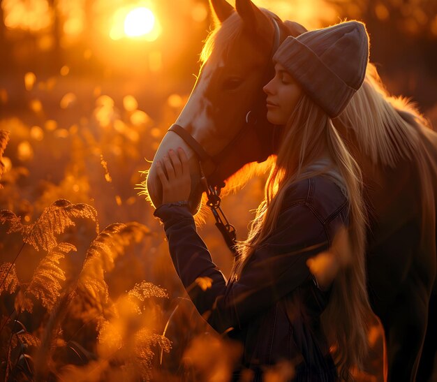Uma cavaleira está de pé num campo com um cavalo nas mãos