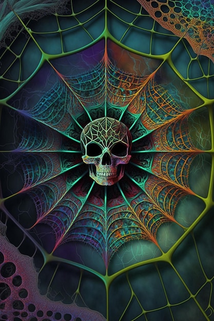 Uma caveira colorida com uma teia de aranha no centro.