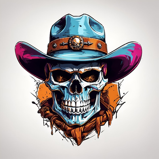 Uma caveira com chapéu de cowboy e estilo colorido para design de camiseta