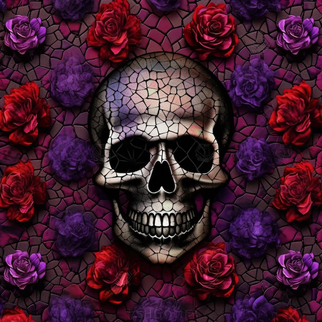 Uma caveira com fundo roxo e rosas vermelhas.