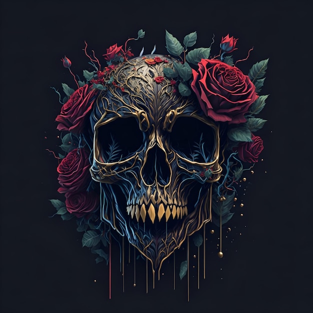 Uma caveira com rosas e rosas nela